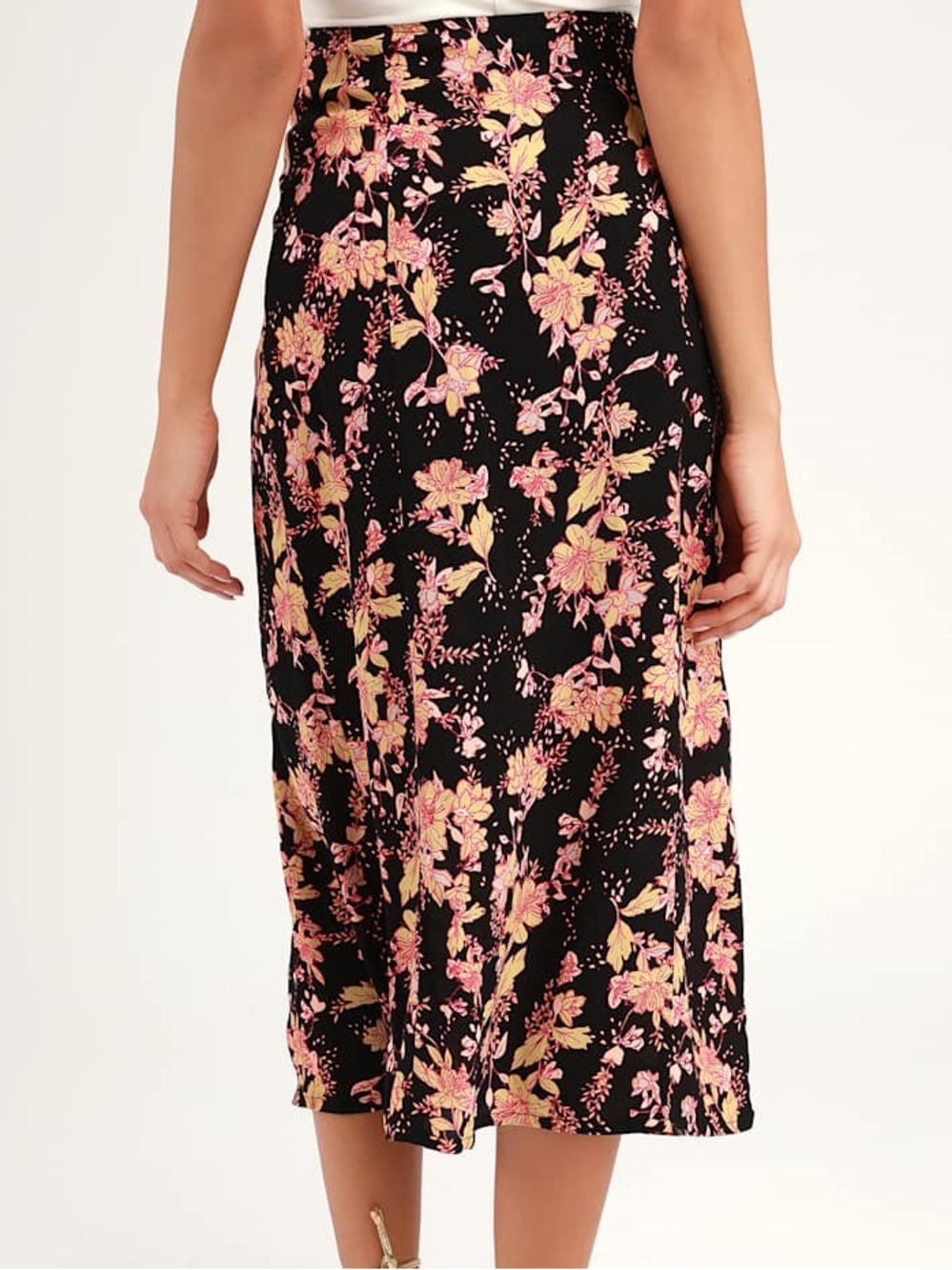 Free People Black Floral Midi Skirt with Pink and Yellow Accents - Picture 3 of 14